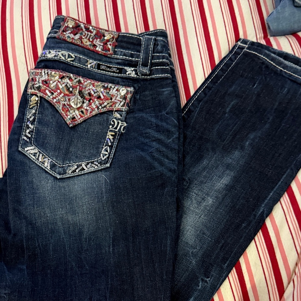 Miss Me Dark Blue Boot Cut Jeans with Red Embellishments